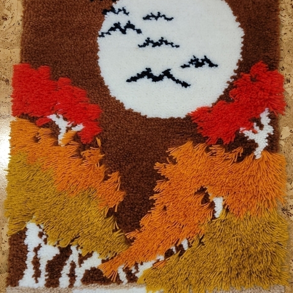 Mid Century Shag Rug Wall Hanging Hook Loop Woven Autumn Birds Moon/Sun 36x24 - Picture 3 of 13